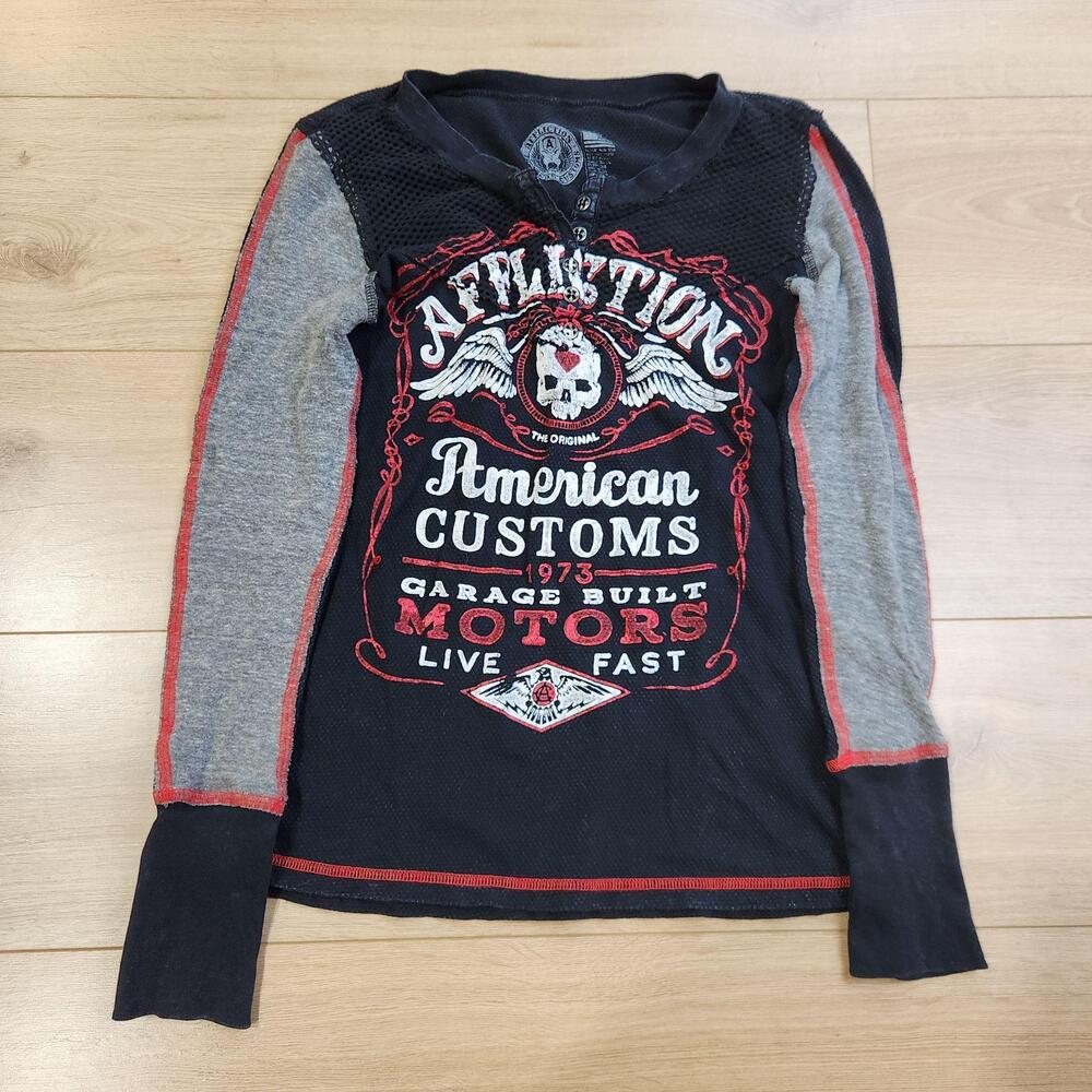 Affliction Shirt Womens Medium Black Thermal Henley American Customs Biker